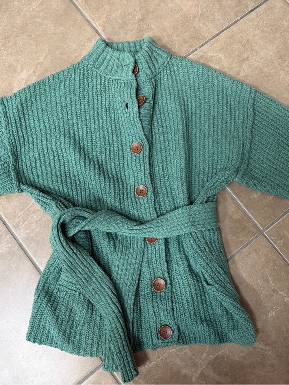 Free People Green Belted Button-Front Cardigan